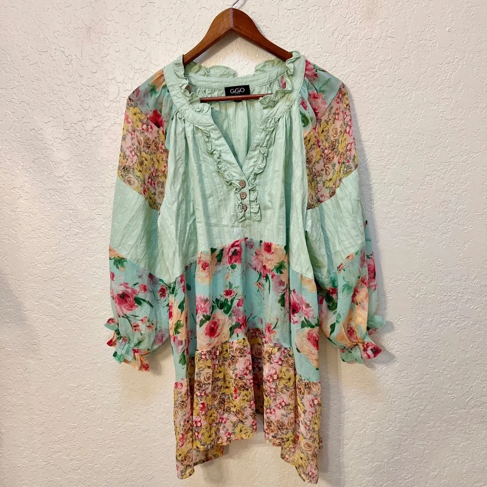 Gigio USA Floral Patchwork Tunic Top Green Boho Ruffle Blouse Medium Sheer - Picture 2 of 8